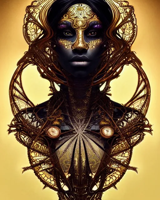 Image similar to hyperrealistic detailed portrait of a beautiful dark goddess in an intricate golden ornamental geometrical ritual mask, intricate cyberpunk make - up, insane details, art by ernst haeckel, nekro borja, android jones, alphonso mucha, gothic - cyberpunk, ornamental, beautiful deep colours,