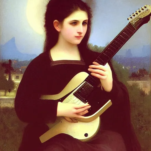 Prompt: goth girl playing electric guitar at dusk, oil painting by William-Adolphe Bouguereau, masterpiece