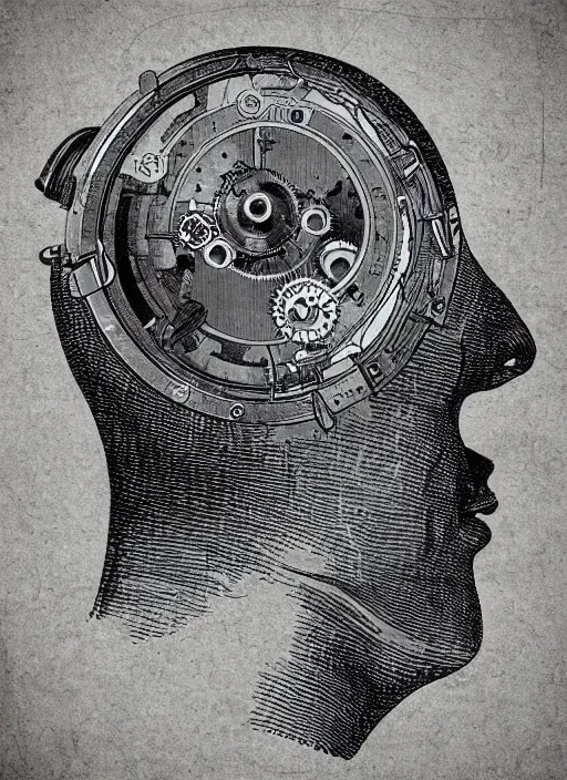 Prompt: “A human with clockwork mechanism on forehead, buttons between eyes, meters on cheek. Patent application drawing, close-up, Fig.1, Header text”
