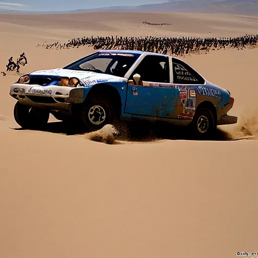 Image similar to grey Honda Civic 2001 jumping over dune desert in the 2003 Dakar rally. Many spectators watch. Honda civic with rusted panels old Cannon Photo 45mm wide angle full view un cropped. 720p photo by Jesse Alexander.