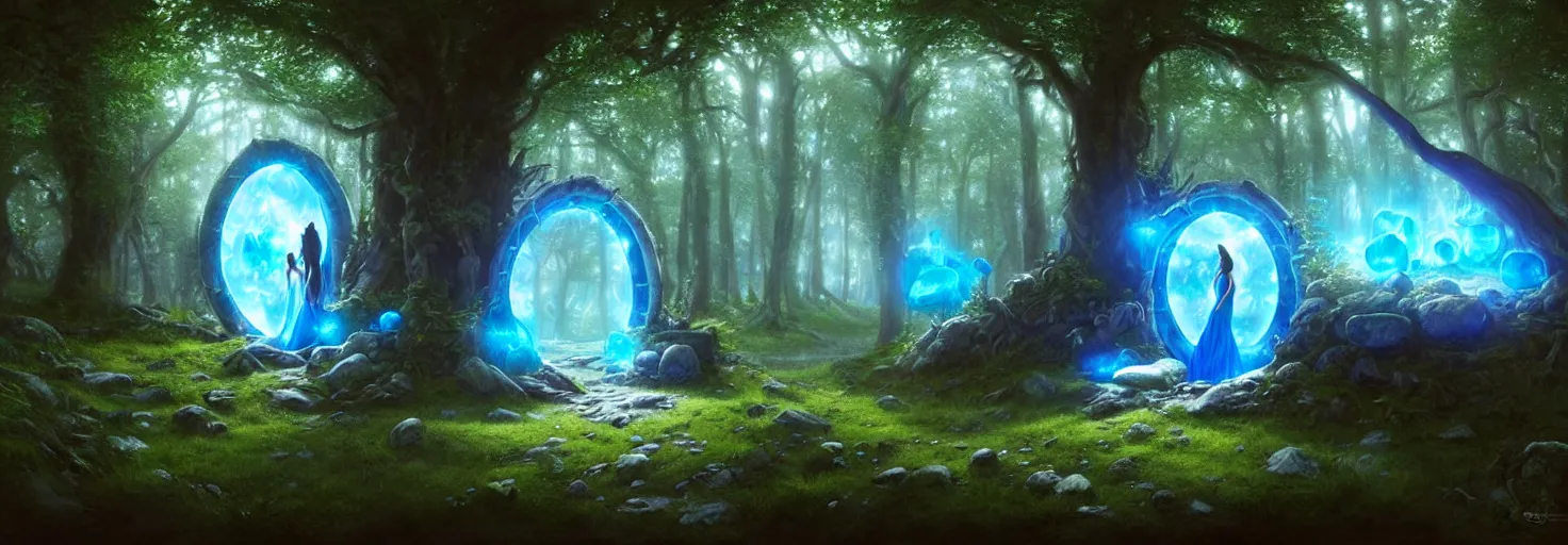 Image similar to Fantasy Magical fairy-tale glowing blue stone portal in the forest. Round stone portal teleport in trees to other worlds. Fantastic landscape. Magic Altar in the fores, highly detailed, digital painting, artstation, concept art, smooth, sharp focus, illustration, art by artgerm and greg rutkowski and alphonse mucha