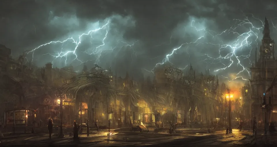 Image similar to eldritch, steampunk city, windy, by eugene von guerard, ivan shishkin, night, lightning!!, storm!, dramatic lighting, concept art, trending on artstation, 8 k