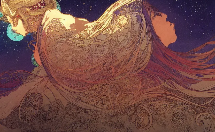 Prompt: mountains, stars and paisley filled sky, artstation, intricate, highly detailed, digital painting, concept art, sharp focus, illustration by Yoshitaka Amano and Alphonse Mucha