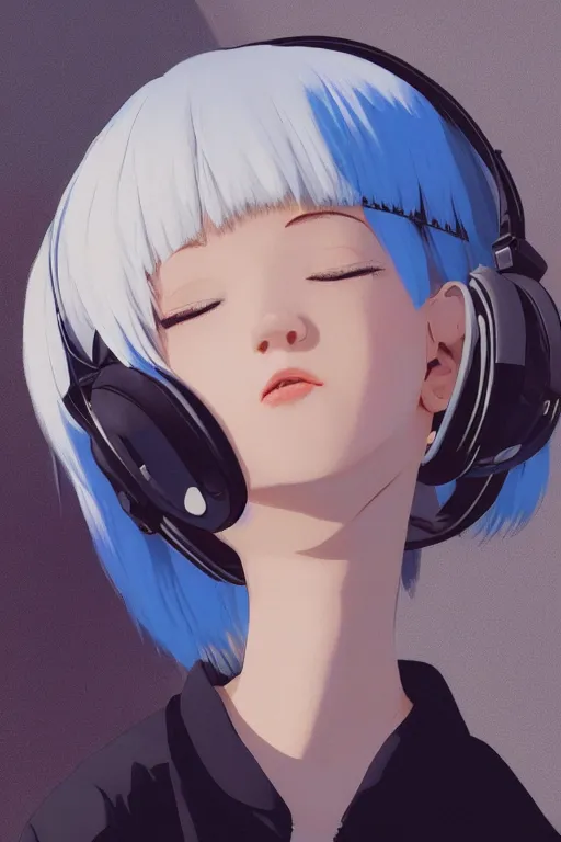 Prompt: a cute young woman listening to music with her eyes closed and wearing headphones by Ilya Kuvshinov, white bob cut hair, freckles, dark thunderclouds in the backround, blue filter, blue and white, vivid colors, soft lighting, cinematic, moody, nier automata, poster, oil on canvas, by Krenz Cushart, by Range Murata, 8k