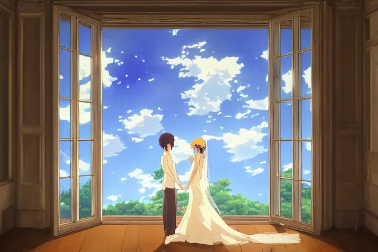 Image similar to a beautiful detailed picture of window, a bride and a groom, sky, by makoto shinkai