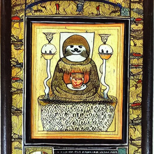 Prompt: sloth as the king of cups, framed, intricate details, medieval art style