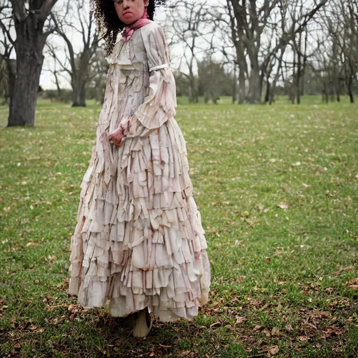 Image similar to a closeup portrait of a woman wearing a dress made of ribbon and roots, standing in an empty park, color photograph, by vincent desiderio, canon eos c 3 0 0, ƒ 1. 8, 3 5 mm, 8 k, medium - format print