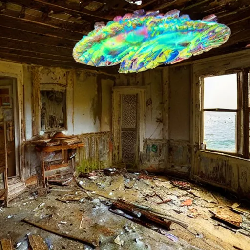 Image similar to abandoned cottage interior filled with iridescent jellyfish and lush coral