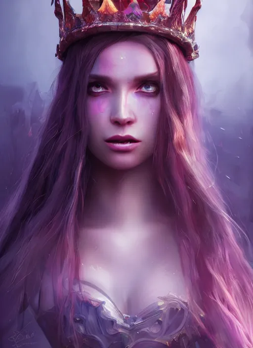 Image similar to mysterious evil princess with long hair and a crown, vivid colors, fantasy, elegant, concept art, sharp focus, beautiful face!!, digital art, Hyper-realistic, 4K, Unreal Engine, Highly Detailed, HD, Dramatic Lighting by Brom, trending on Artstation