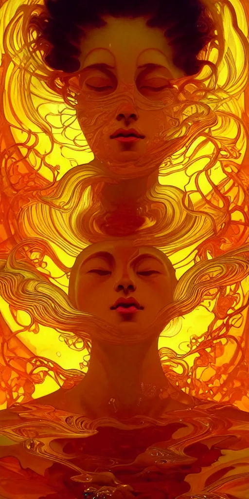 Image similar to transcendent bodhisattva mind bending psychedelic waves of glossy liquid honey flowing like kaleidoscopic translucent amber, lsd waves, honey ripples, enlightenment, dramatic professional lighting, refracted sunset lighting, highly detailed, concept art, art by collier, albert aublet, krenz cushart, artem demura, alphonse mucha