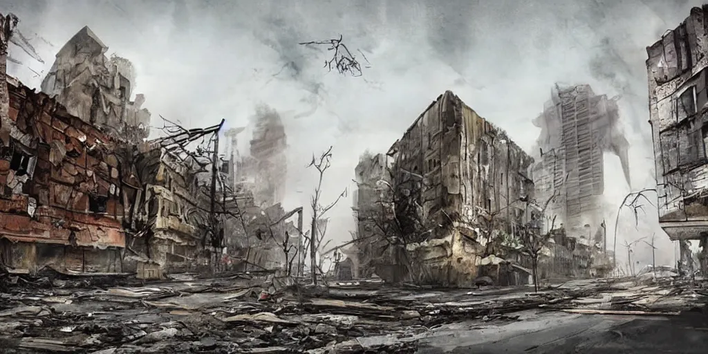 Prompt: dilapidated detailed buildings, beautiful concept art of donetsk during war