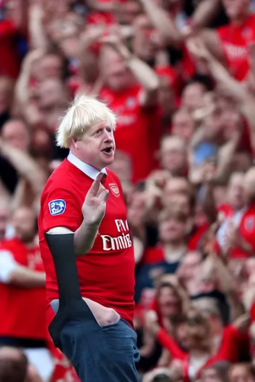 Prompt: boris johnson in the stadium wearing the red and white arsenal shirt, photographed, sunny day, portrait, photographic