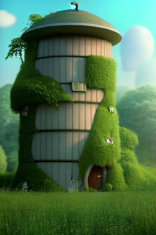 Image similar to cylindrical house, solarpunk, studio ghibli, jean - baptiste monge, octane render, 4 k