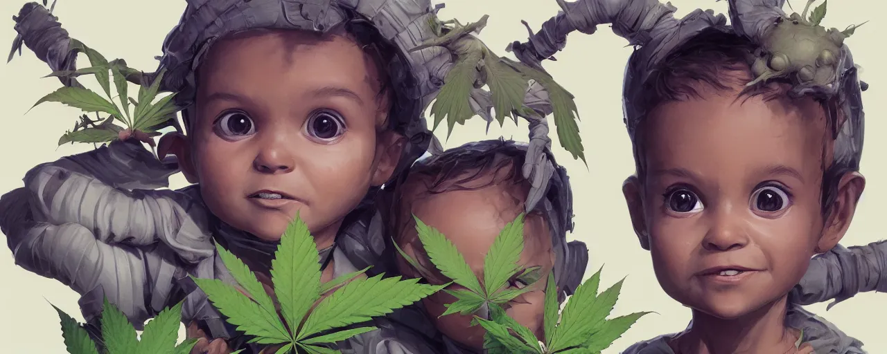 Image similar to portrait cute baby cannabis, marijuana, baby groot, realistic shaded perfect face, cinematic volumentric lighting, jim cheung, david marquez, mike deodato jr, ilya kuvshinov, makoto shinka, behance hd by jesper ejsing, by rhads, hyper detailed, octane render, concept art, artstation