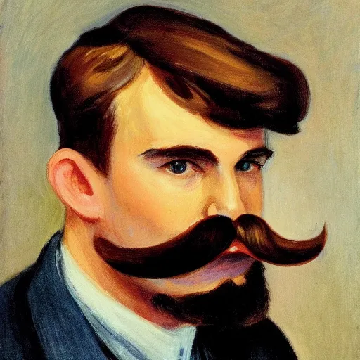 Prompt: a brown haired man with a mustache staring deeply at camera, edward hopper,