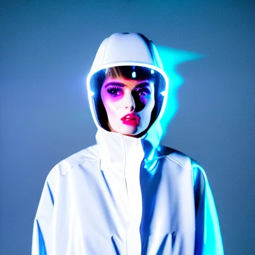 Image similar to an ultra high definition professional studio quality photograph of an artificially intelligent celebrity cyberpunk pop star wearing a transparent iridescent pastel coloured face visor and matching raincoat on white coat hook in a sheer icelandic black rock environment. dramatic lighting. volumetric shadows. light rays