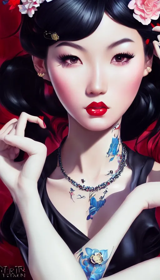 Image similar to a pin up and beautiful fashion and charming and dreamlke asian girl with lv jewelry, medium shot, art by artgerm & ross tran & wlop, hyperdetailed, 8 k realistic, symmetrical, frostbite 3 engine, cryengine, dof, trending on artstation, digital art