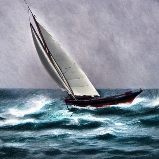 Prompt: a sailboat caught in a storm