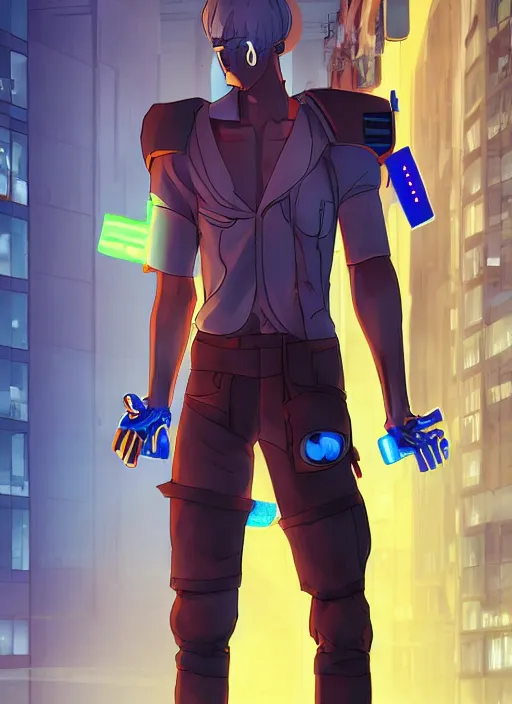 Image similar to Male cyborg, battle-damaged, wearing a school uniform, standing on neon-lit street corner”, full body shot, cyberpunk, Digital art, detailed, anime