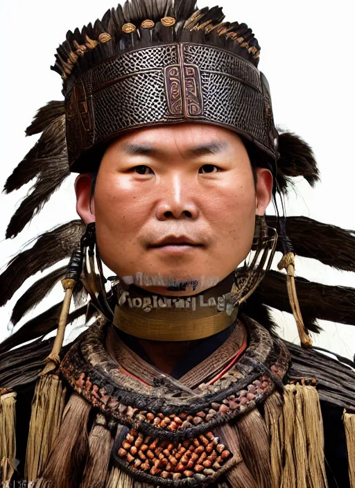 Image similar to tai warlord, closeup portrait, historical, ethnic group, traditional tai costume, bronze headset, leather shoulder armor, fantasy in