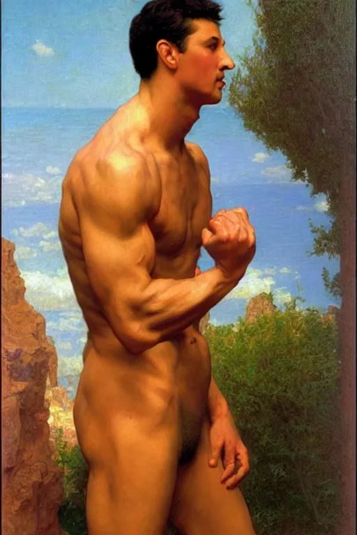 Prompt: portrait of rock hudson flexing his muscles, victor Nizovtsev, bouguereau