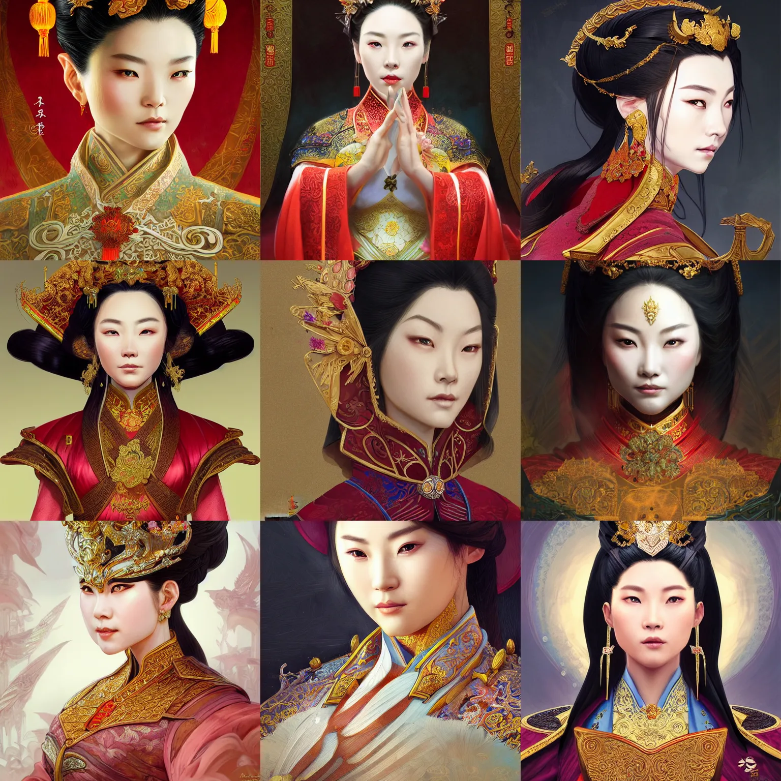 Prompt: chinese empress, D&D, headshot, elegant, intricate, painted fantasy character portrait, highly detailed, digital painting, artstation, concept art, sharp focus, illustration, art by artgerm and greg rutkowski and alphonse mucha