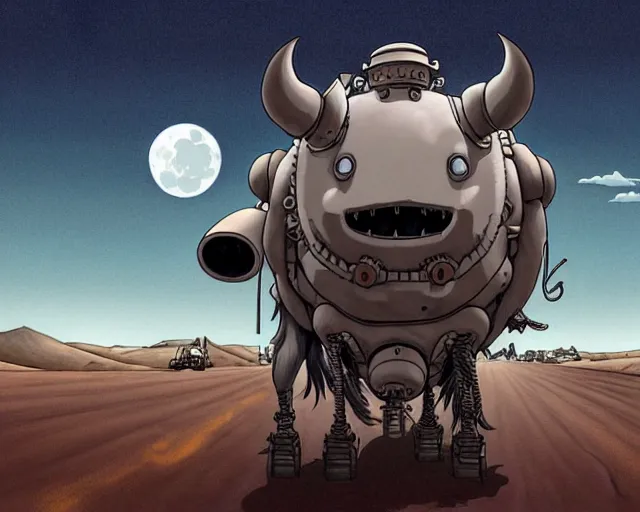Image similar to a cell shaded cartoon grey lovecraftian mechanized bull from howl's moving castle ( 2 0 0 4 ), with a big head, on a desert road, wide shot, in front of a big moon, muted colors, post grunge, josan gonzales, wlop, by james jean, victor ngai, hq, deviantart, art by artgem