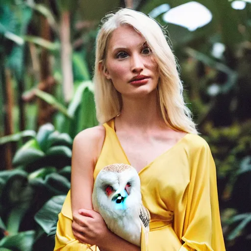 Image similar to head to shoulder portrait film photograph of an elegant top model blond woman wearing a yellow kimono with a very detailed barn owl on her shoulder!!! in a tropical greenhouse. looking at the camera!!. super resolution. 85 mm f1.8 lens.bokeh. graflex. by Alessio albi !
