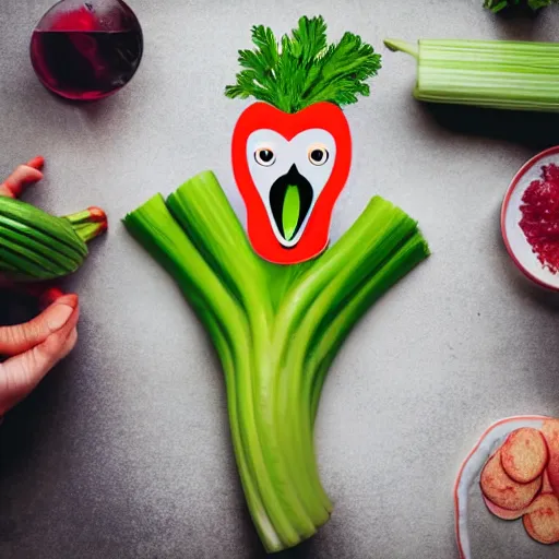 Image similar to A flamingo with human arms eating celery, photography, realistic