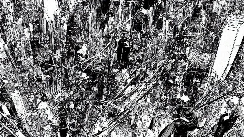 Prompt: Metro Manila in 2054, manga, b&w, by Tsutomu Nihei