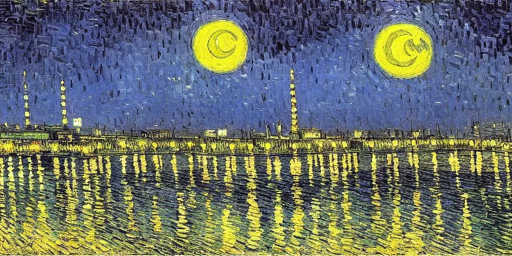 Prompt: tehran skyline in a winter night, a full moon, art by vincent van gogh