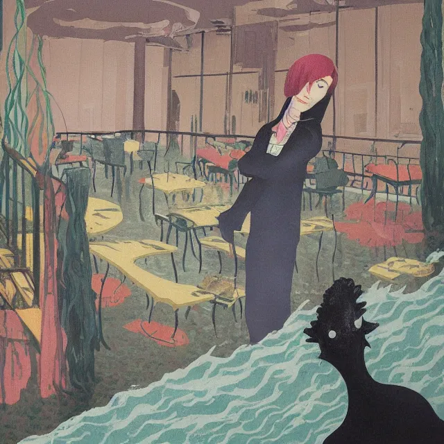 Image similar to tall female emo artist holding an octopus in a flooded cafe, bagels, pigs, water gushing from ceiling, painting of flood waters inside a cafe, a river flooding indoors, pomegranates, pigs, ikebana, water, octopus, river, rapids, waterfall, black swans, zen, canoe, berries, acrylic on canvas, surrealist, by magritte and monet