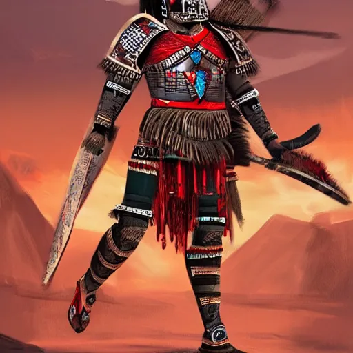 Prompt: aztec warrior in a ornated armor preparing for war, full body, dynamic pose, red and obsidian neon, concept art, intricate details, highly professionally detailed, cgsociety, highly detailed -