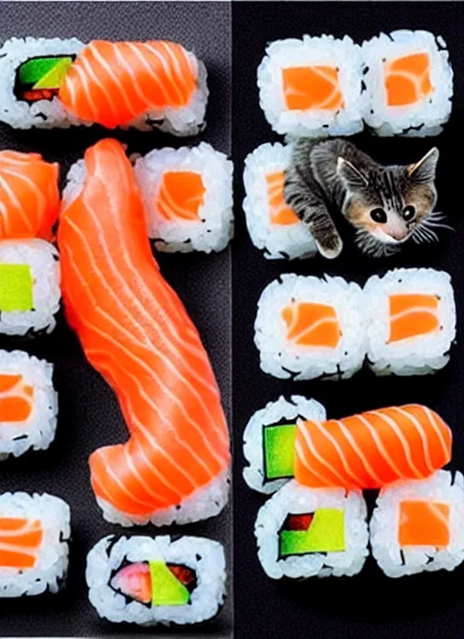 Image similar to clear photorealistic picture of adorable cats made out of sushi