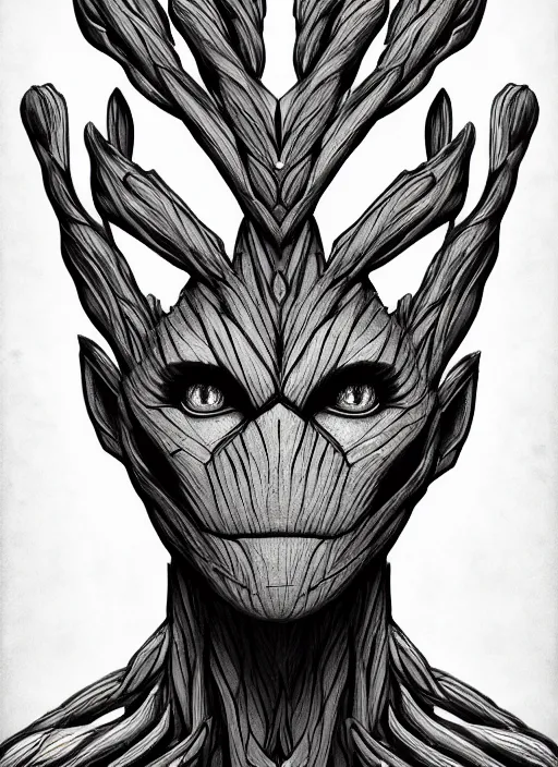 Prompt: symmetry concpet art, full shot, traditional ink, sketch, of groot, line sketch, intricate, elegant, highly detailed, monochrome, digital painting, artstation, concept art, sharp focus, illustration, art by borderlands 3 and peter polach