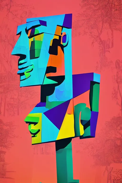 Image similar to cubist moai statue cutout digital illustration cartoon colorful beeple