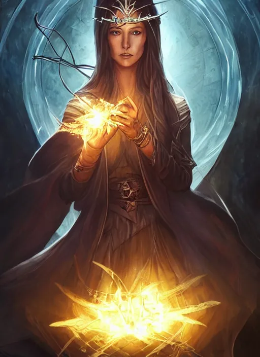 Prompt: throne of glass book cover style, female magician casting a spell with fireballs in her hands, magic lights aura, a portal with elvish symbology opened, d & d, fantasy, highly detailed, digital art, trending on artstation, smooth, sharp focus, illustration, art by artgerm and hirokazu yokohara, greg rutkowski, alfonse mucha