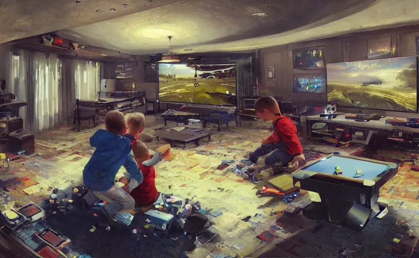 Prompt: two boys playing game at a spacious gaming room, hi - tech gaming setup, highly detailed interior rendering, unreal engine, art by john berkey