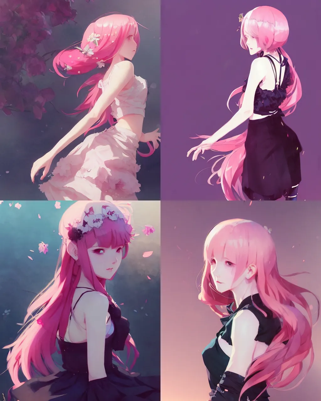 Prompt: a girl with pink hair and black skirt, flower decoration on the background, a beautiful half body illustration, top lighting, perfect shadow, reduce saturation, leaning towards watercolor, art by hidari and krenz cushart and wenjun lin