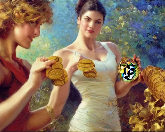 Image similar to attractive athletic woman magically holding a golden bitcoin, commercial by annie liebovitz, gaston bussiere, craig mullins, j. c. leyendecker