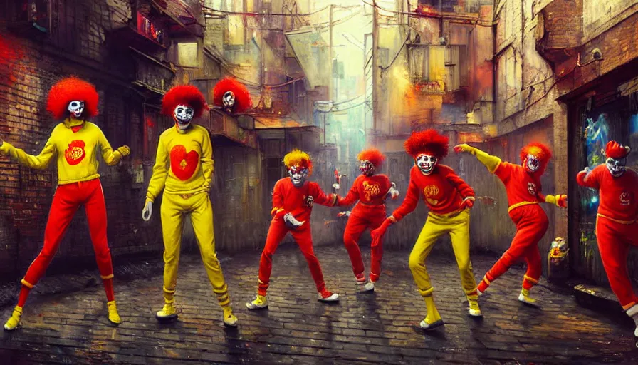 Image similar to highly detailed painting of a group of ronald mcdonalds with red afros, white facepaint, red noses and yellow tracksuits dancing in a cyberpunk alleyway by william turner, by greg rutkowski, by william constable, thick brush strokes and visible paint layers, 4 k resolution, retrowave colour scheme