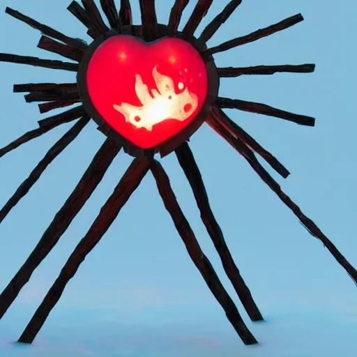 Image similar to portal Burn 2022 effigy burn, the effigy is a red low Polly heart made of wood, it is dark out and the sky is full of stars and a crescent moon