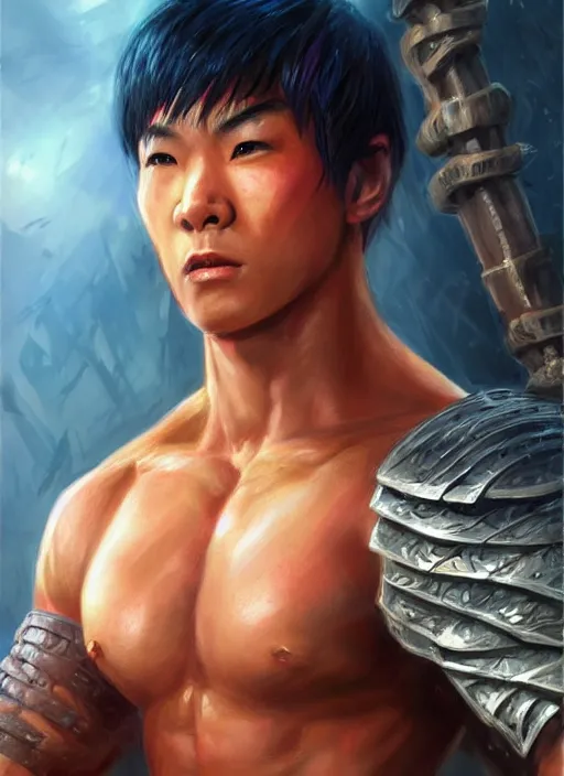 Image similar to muscly asian man middle parted hair, dndbeyond, bright, colourful, realistic, dnd character portrait, full body, pathfinder, pinterest, art by ralph horsley, dnd, rpg, lotr game design fanart by concept art, behance hd, artstation, deviantart, hdr render in unreal engine 5