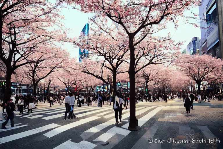 Image similar to beautiful Shibuya crosswalk by Vincent Di Fate, rule of thirds, highly detailed, sakura trees, beautiful, sharp focus