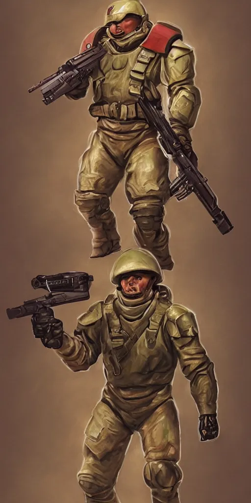 Image similar to doomguy as a soviet soldier, full body portrait, concept art, military art, art by artgerm