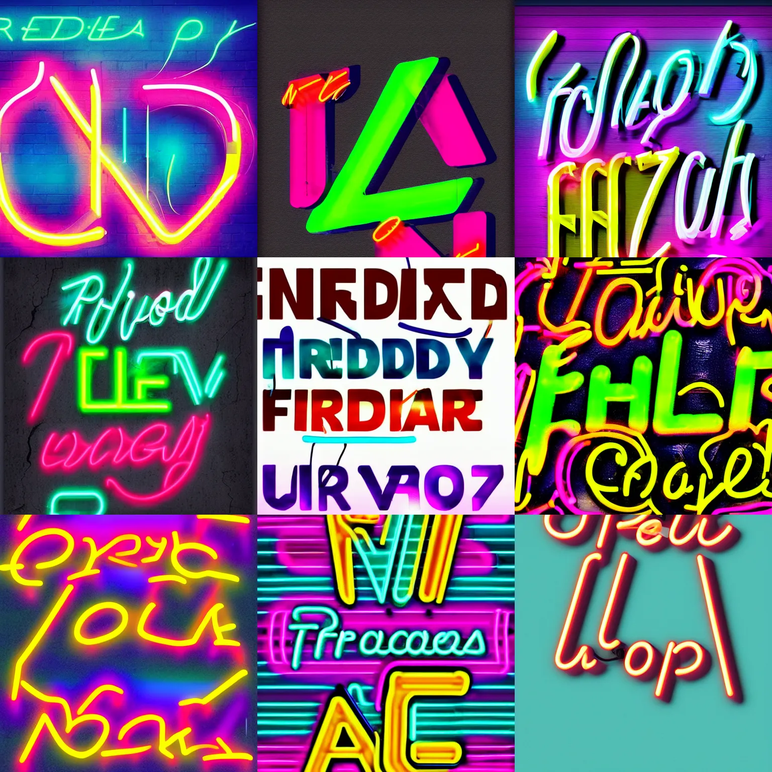Prompt: typographic text for FREDDIE!, neon lettering, bright colors, typography graphic design