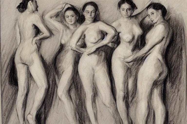 Image similar to pencil sketch, four female figures, by zinaida serebriakova.