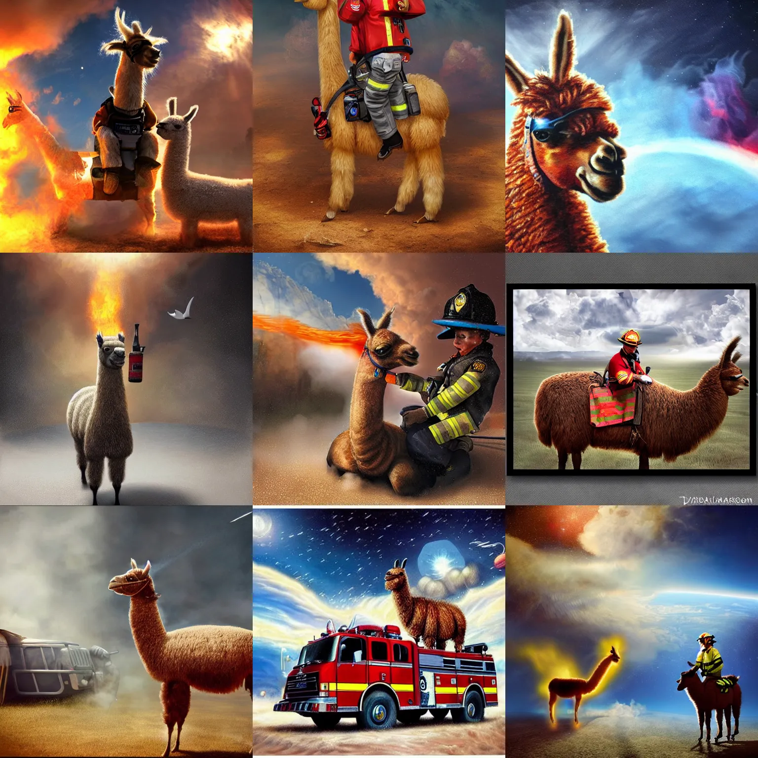 Prompt: photorealistic art of an firefighter riding a llama, dynamic lighting, space atmosphere, hyperrealism, stunning visuals