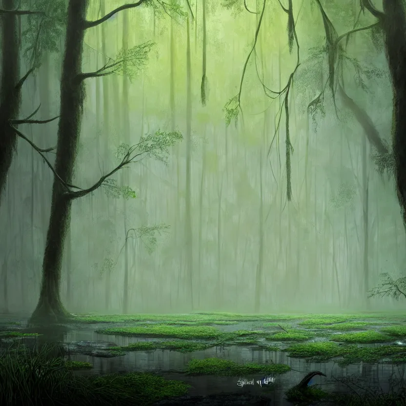 Image similar to a wet swamp with many big trees, dark colors, glowing plants, misty background, light rays, beautiful lighting, vivid colors, intricate, elegant, smooth, sharp focus, highly detailed digital painting, concept art, cinematic, unreal engine, 4 k wallpaper, svetlin velinov, tarmo juhola, artstation trending