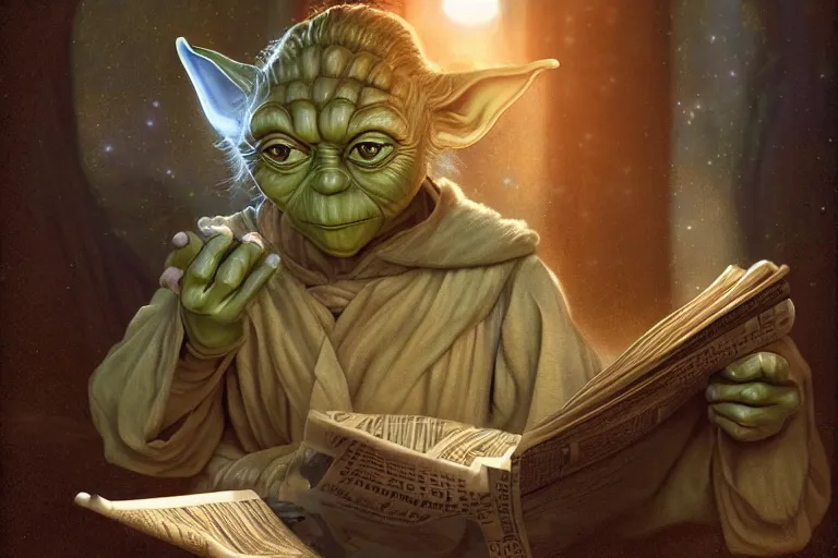 Image similar to a beautiful ultradetailed photo of yoda reading a newspaper in a monastery, by tom bagshaw and anna dittman, backlight, 3 5 mm lens, closeup shot, bokeh, golden ratio composition, sunset golden hour hues, very detailed, artstation, 8 k, highly coherent